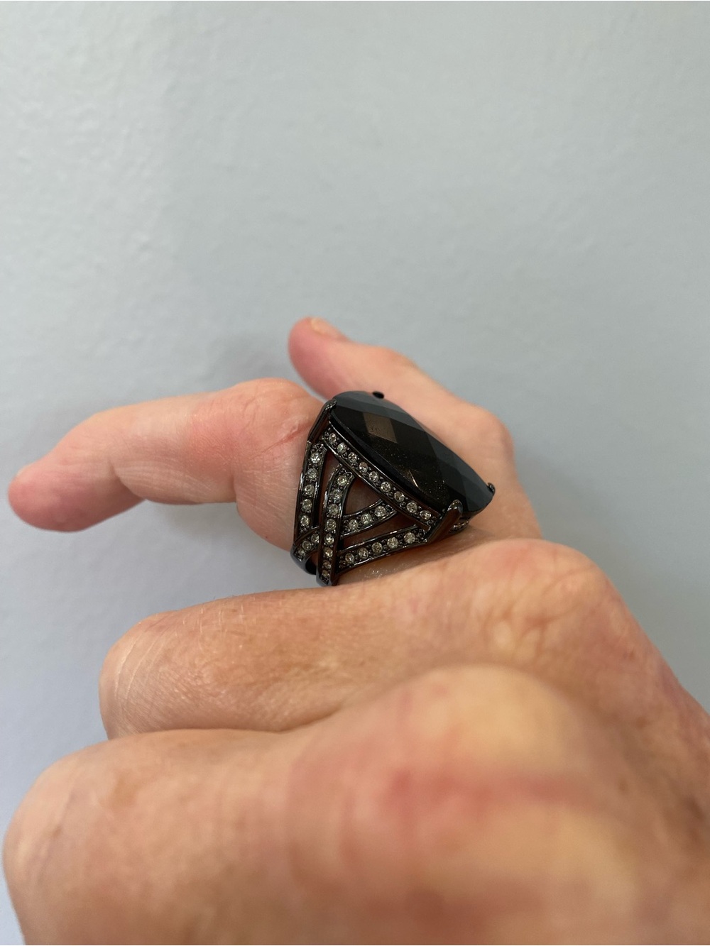 Source Unknown Black Faceted Cocktail Ring with Clear Crystal Accents